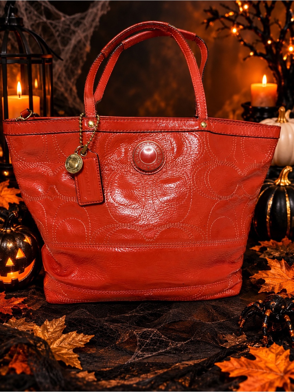 🍂🎃🧡Coach Signature Stitched Patent Leather Tote Coral Orange🧡🎃🍂